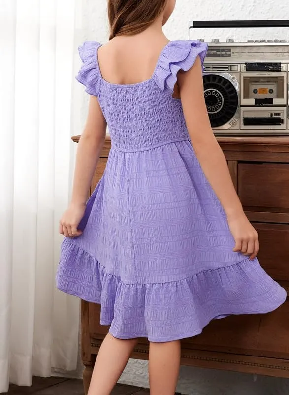 Girls Summer Dresses Cute Double Layer Ruffle Sleeve Smocked Flowy Dress 6-15 Years