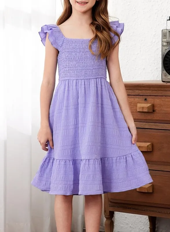 Girls Summer Dresses Cute Double Layer Ruffle Sleeve Smocked Flowy Dress 6-15 Years