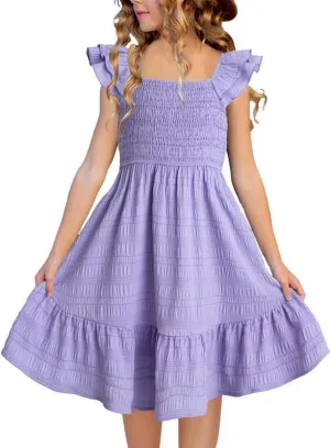 Girls Summer Dresses Cute Double Layer Ruffle Sleeve Smocked Flowy Dress 6-15 Years