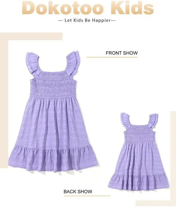 Girls Summer Dresses Cute Double Layer Ruffle Sleeve Smocked Flowy Dress 6-15 Years