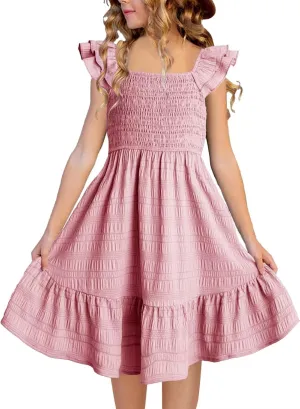 Girls Summer Dresses Cute Double Layer Ruffle Sleeve Smocked Flowy Dress 6-15 Years