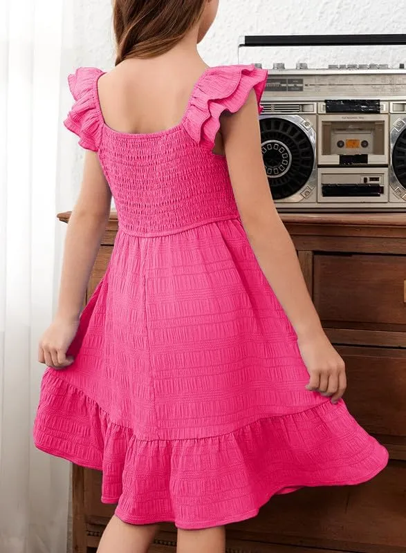 Girls Summer Dresses Cute Double Layer Ruffle Sleeve Smocked Flowy Dress 6-15 Years