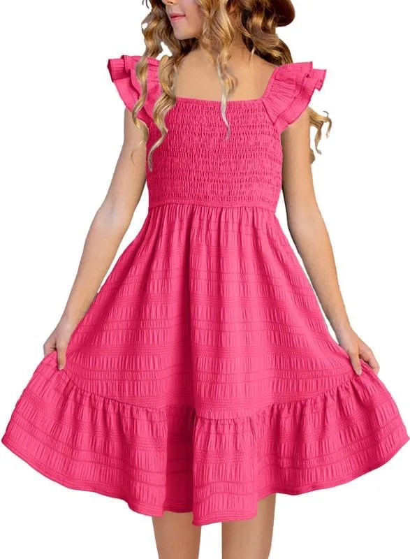 Girls Summer Dresses Cute Double Layer Ruffle Sleeve Smocked Flowy Dress 6-15 Years