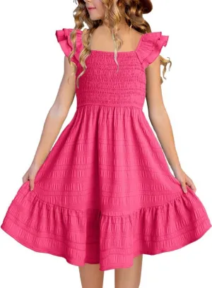 Girls Summer Dresses Cute Double Layer Ruffle Sleeve Smocked Flowy Dress 6-15 Years