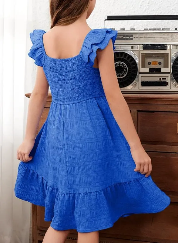 Girls Summer Dresses Cute Double Layer Ruffle Sleeve Smocked Flowy Dress 6-15 Years