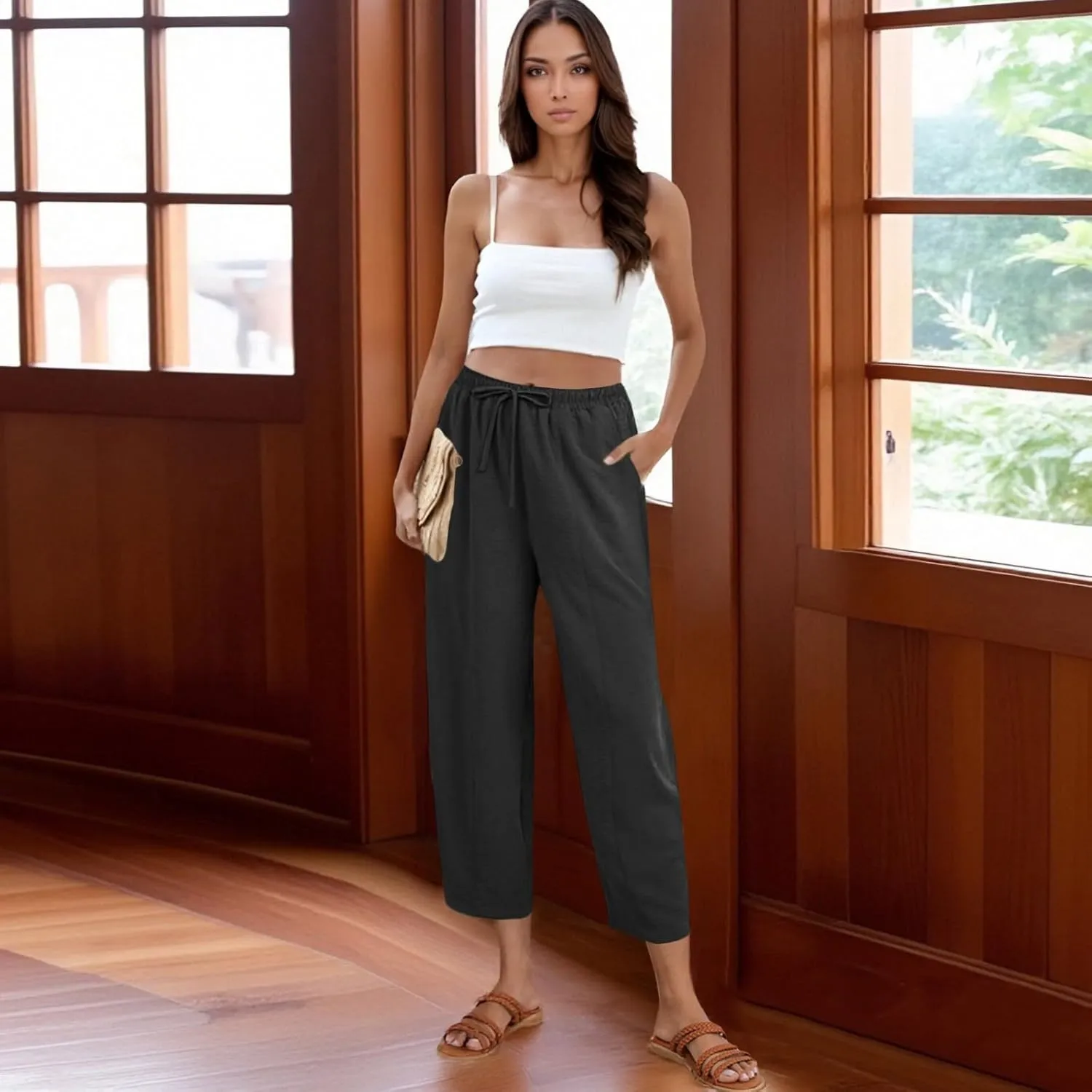 GOFULY Women's Pants Casual Wide Leg High Waisted Pants Beach Elastic Waist Drawstring Sumemr Loose Fit Trousers with Pockets