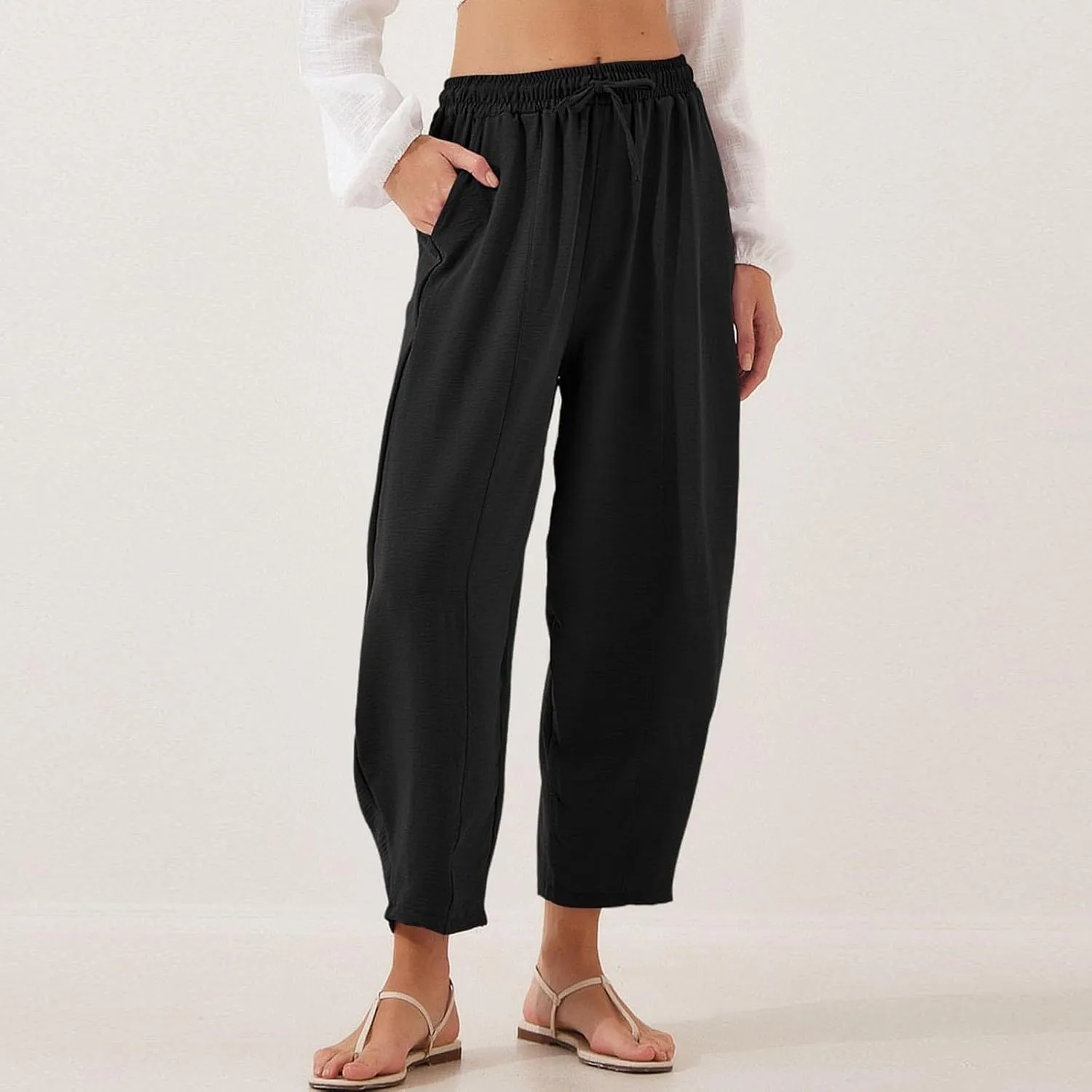 GOFULY Women's Pants Casual Wide Leg High Waisted Pants Beach Elastic Waist Drawstring Sumemr Loose Fit Trousers with Pockets