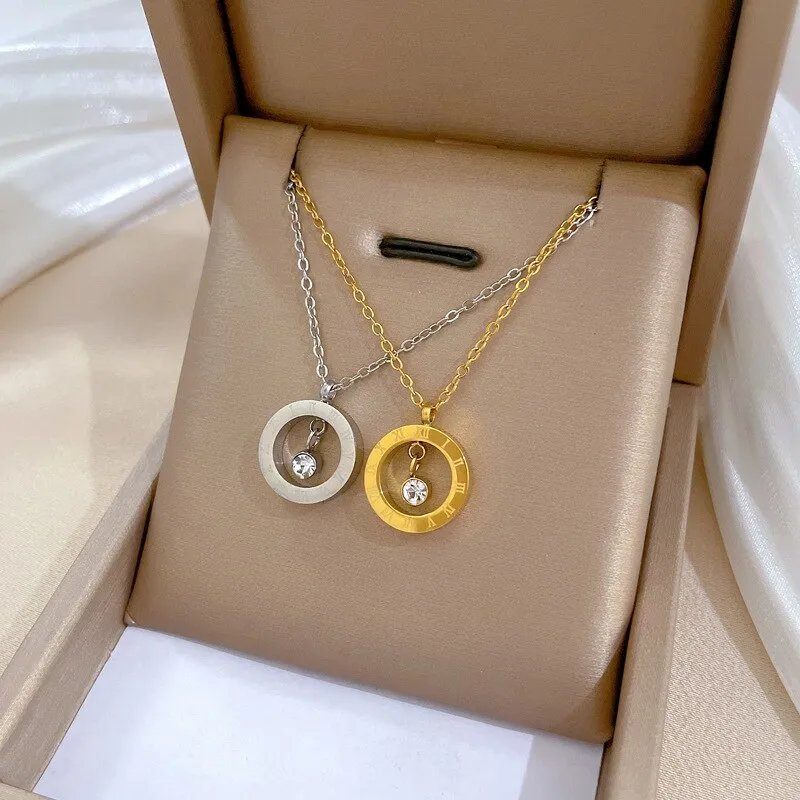 Gold Color Roman Numeric Disc Pendant Necklace For Women