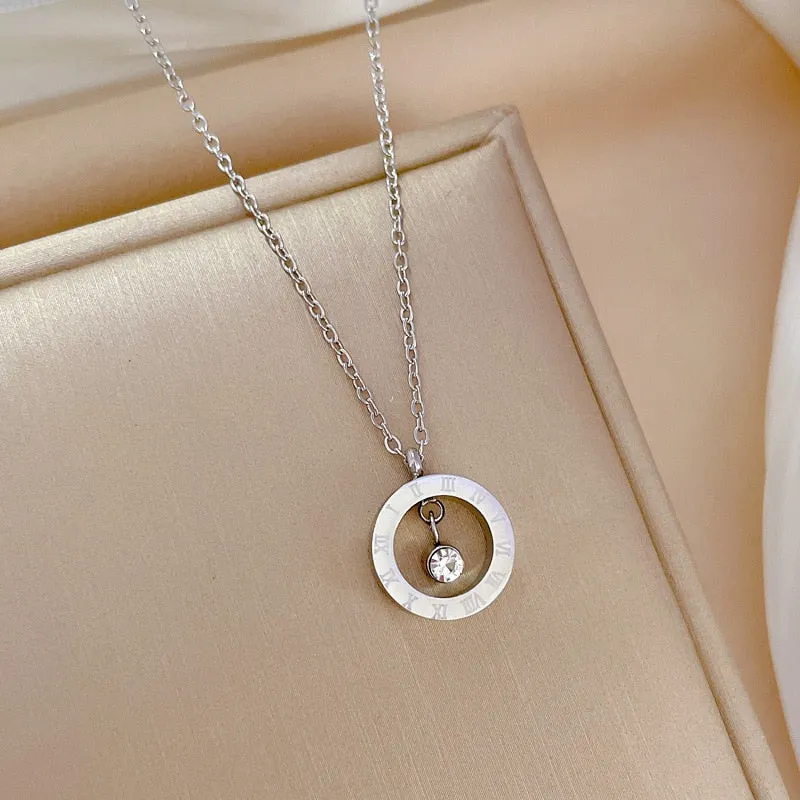 Gold Color Roman Numeric Disc Pendant Necklace For Women