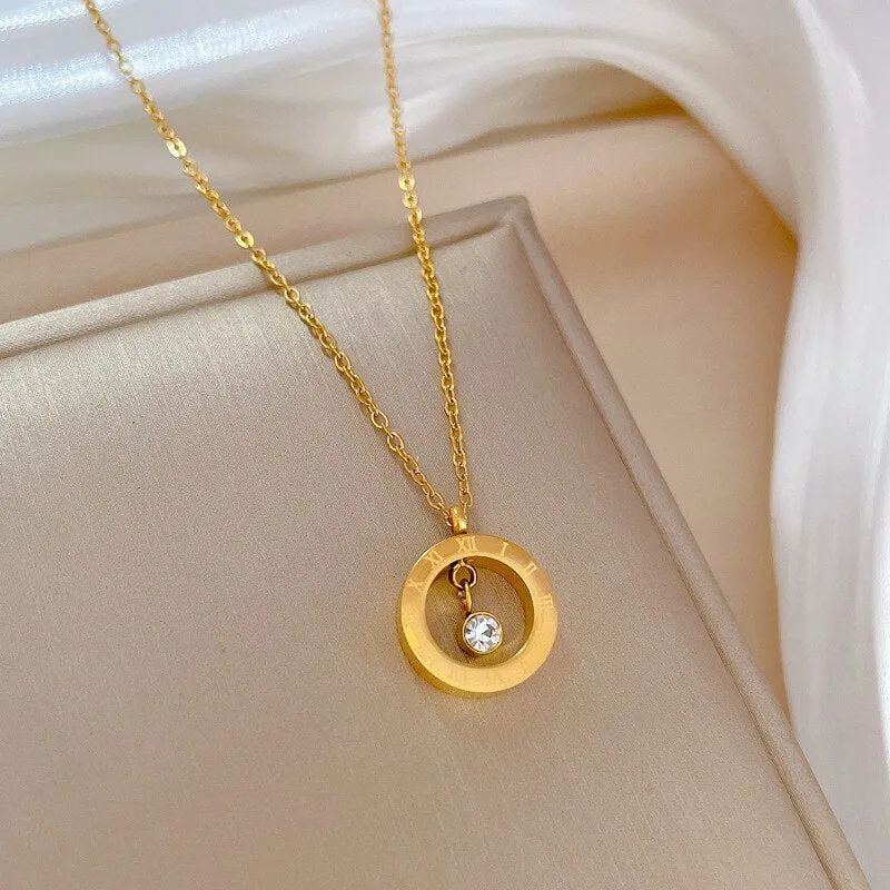 Gold Color Roman Numeric Disc Pendant Necklace For Women