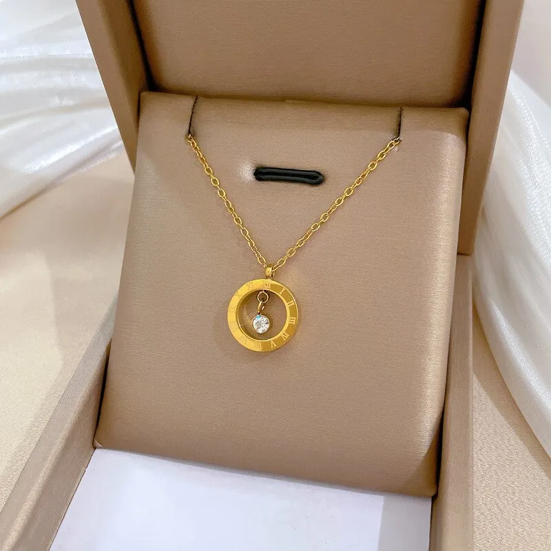 Gold Color Roman Numeric Disc Pendant Necklace For Women