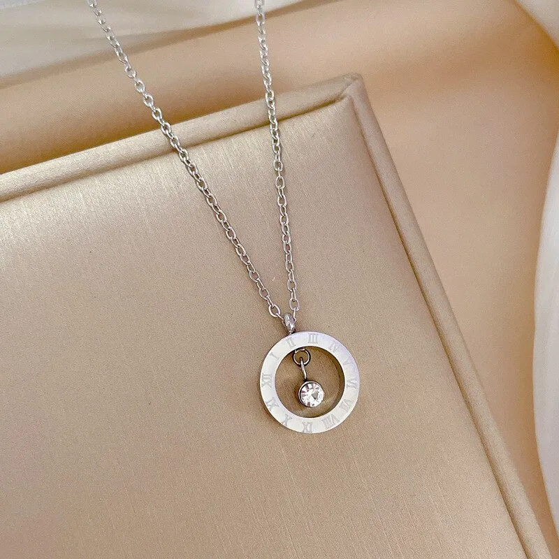 Gold Color Roman Numeric Disc Pendant Necklace For Women