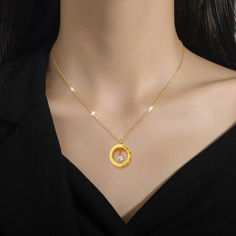 Gold Color Roman Numeric Disc Pendant Necklace For Women