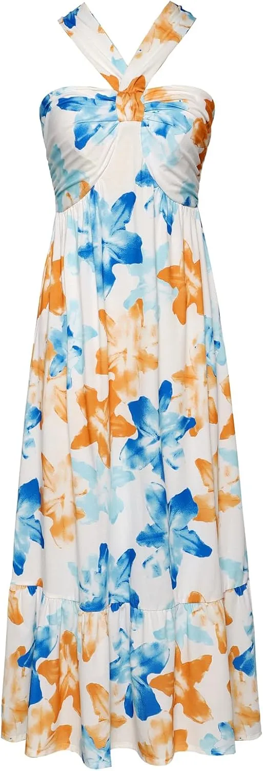 GRACE KARIN 2025 Women's Criss Cross Halterneck Sleeveless Summer Floral Print Flowy A Line Maxi Dress