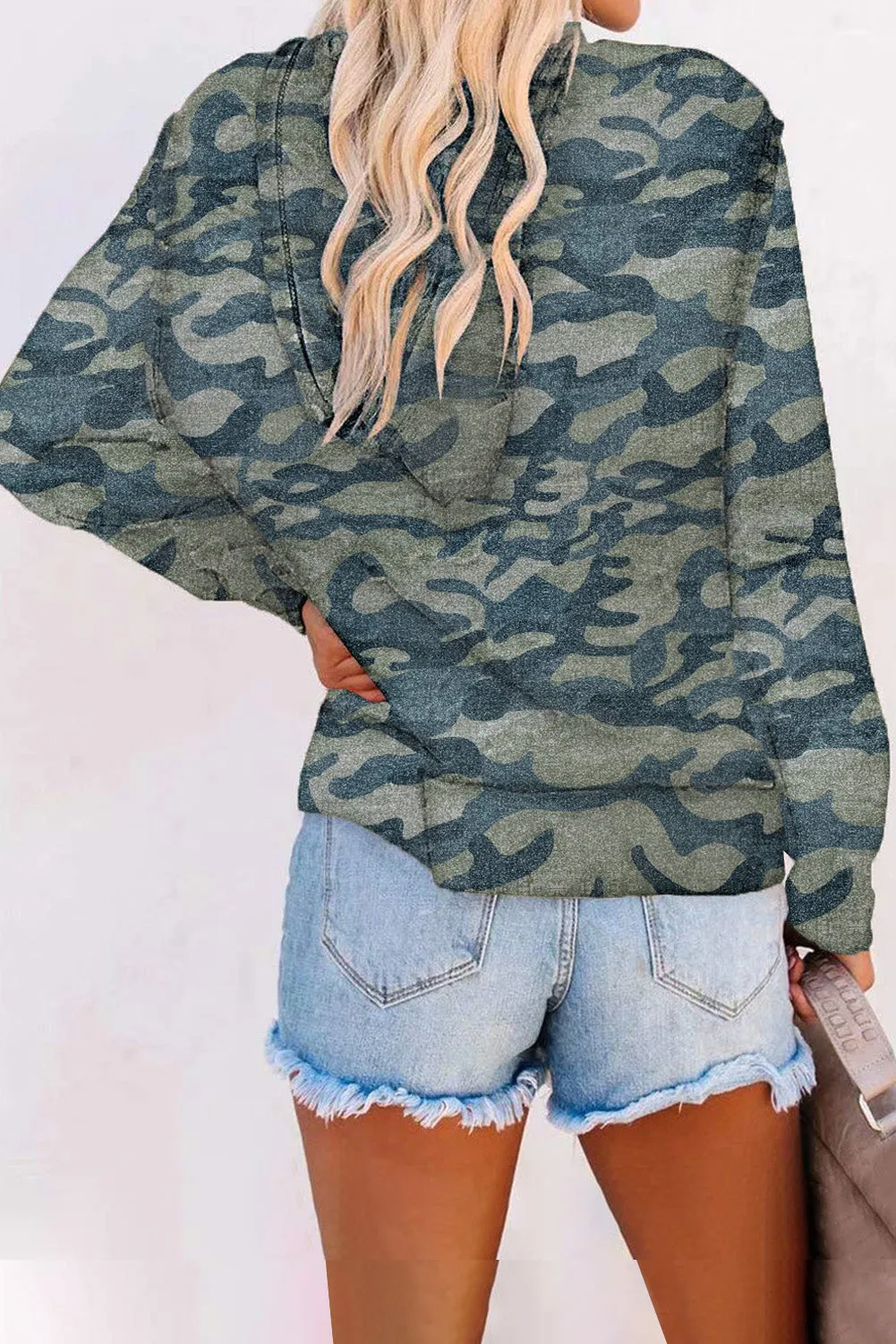 Green Camouflage Print Zip Up Hooded Jacket