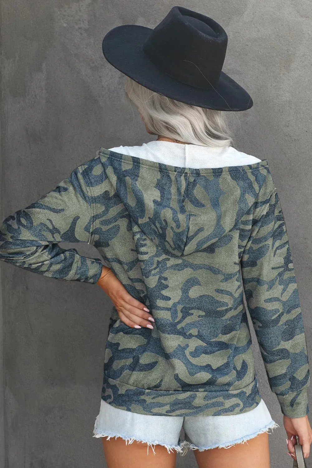 Green Camouflage Print Zip Up Hooded Jacket