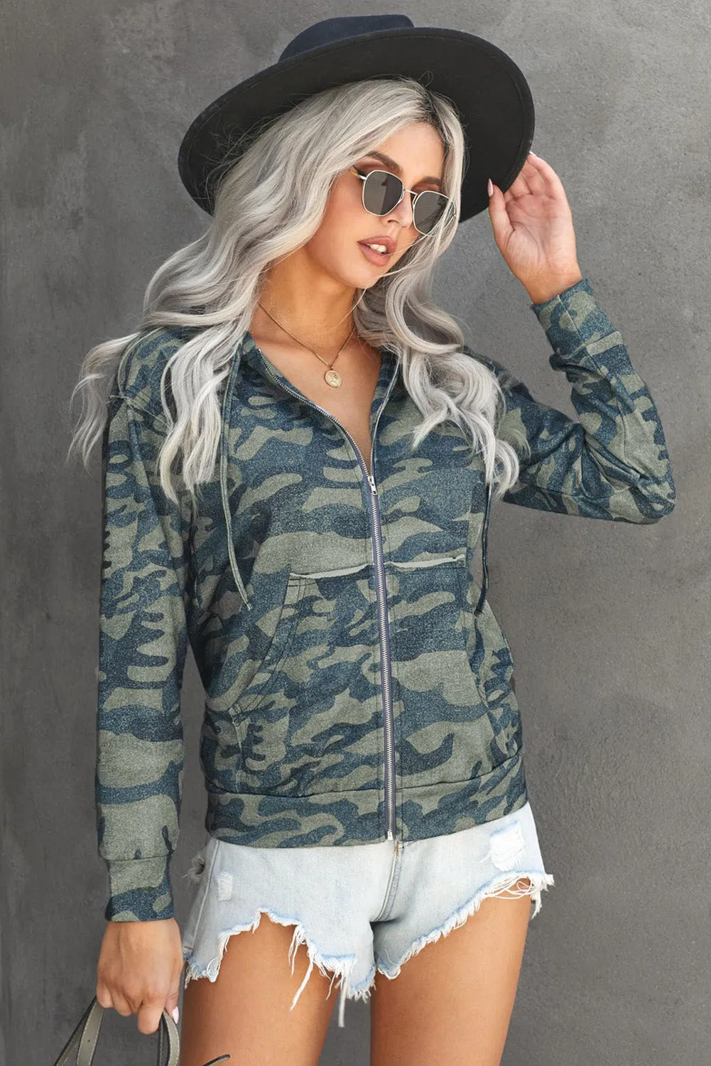 Green Camouflage Print Zip Up Hooded Jacket