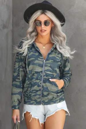 Green Camouflage Print Zip Up Hooded Jacket