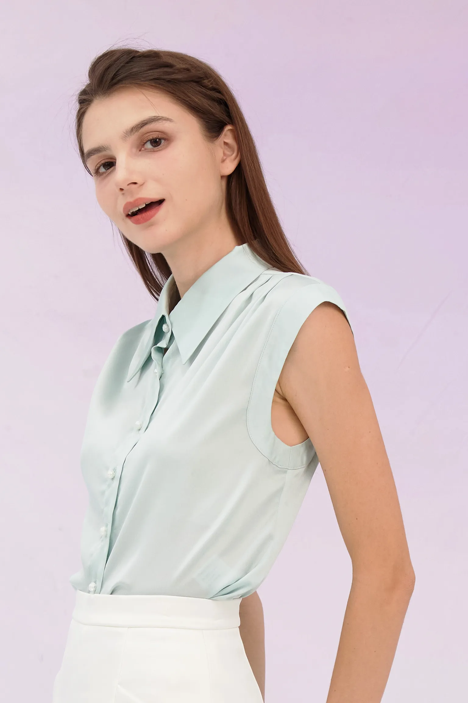 Grethel Green Satin Sleeveless Shirt