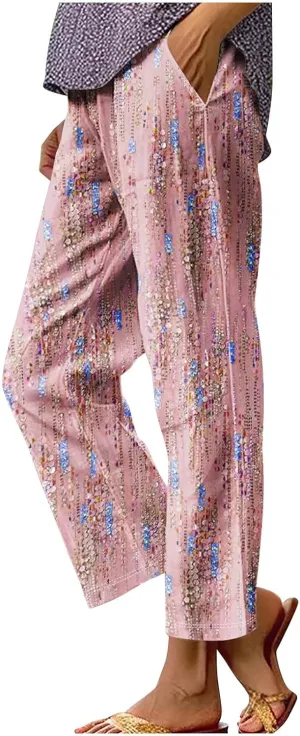 Hawaii Capri Pants Womens Casual Boho Tropical Floral Print Slacks Elastic High Waist Drawstring Summer Beach Trousers