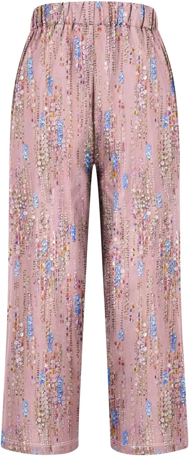 Hawaii Capri Pants Womens Casual Boho Tropical Floral Print Slacks Elastic High Waist Drawstring Summer Beach Trousers