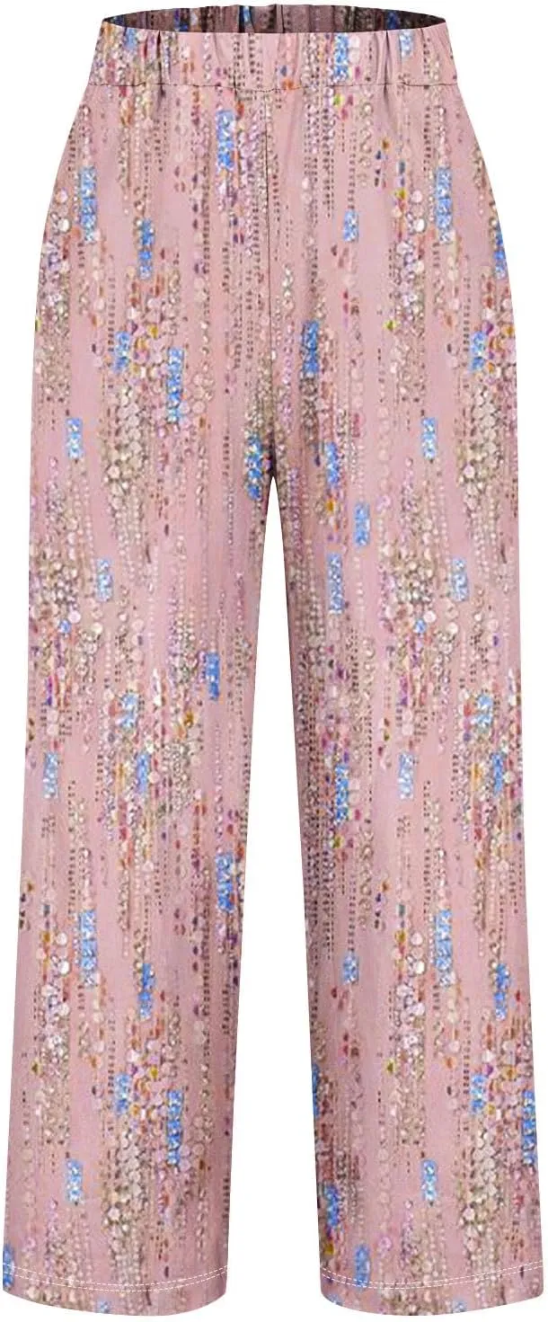 Hawaii Capri Pants Womens Casual Boho Tropical Floral Print Slacks Elastic High Waist Drawstring Summer Beach Trousers