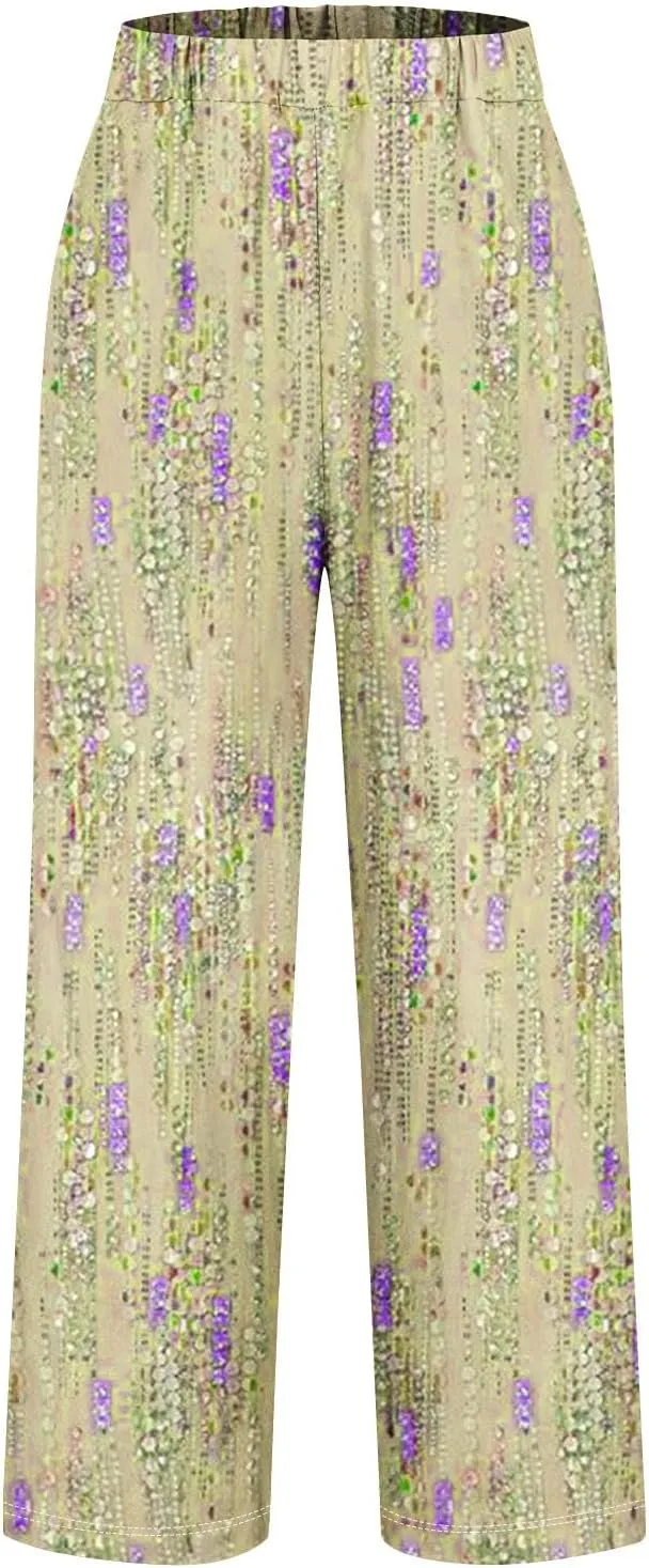 Hawaii Capri Pants Womens Casual Boho Tropical Floral Print Slacks Elastic High Waist Drawstring Summer Beach Trousers