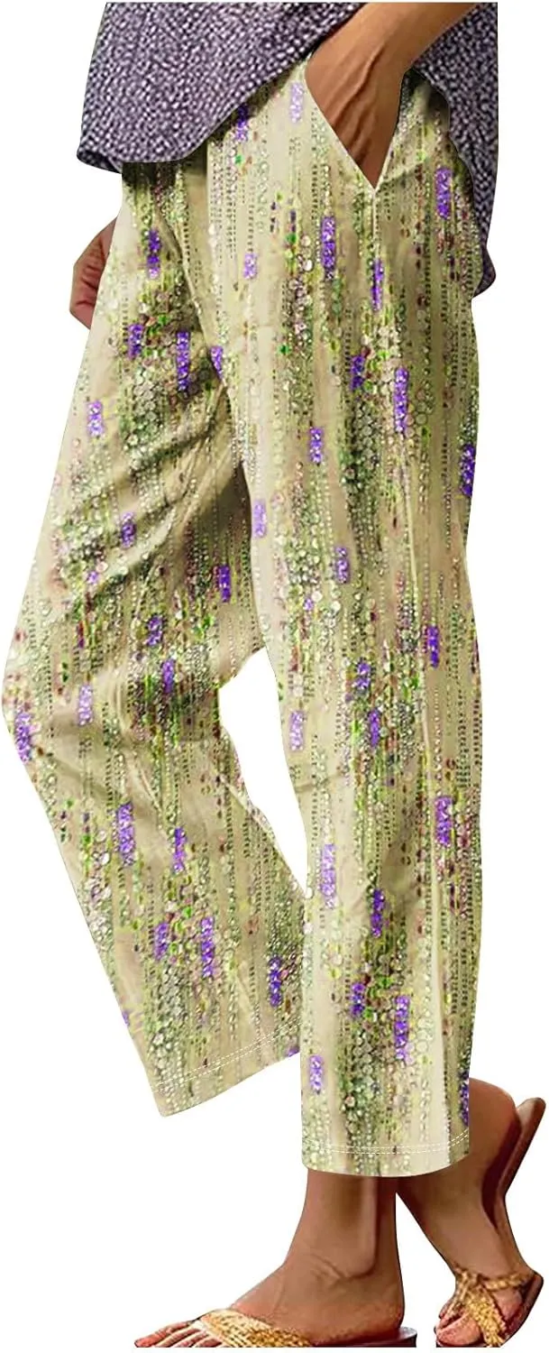 Hawaii Capri Pants Womens Casual Boho Tropical Floral Print Slacks Elastic High Waist Drawstring Summer Beach Trousers