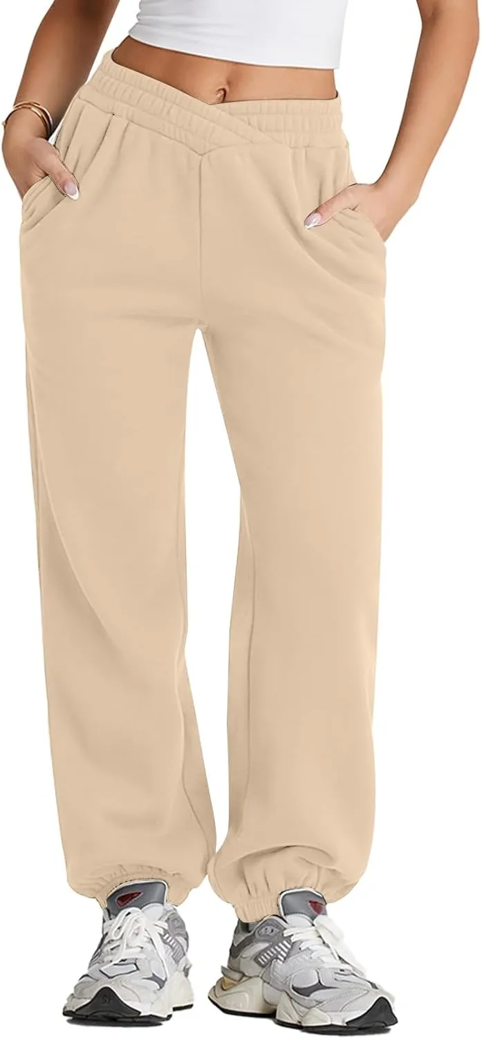 Herseas Women's V Crossover Waist Sweatpants Baggy Y2K Jogger Pants Wide Leg Fleeced Lounge Pants