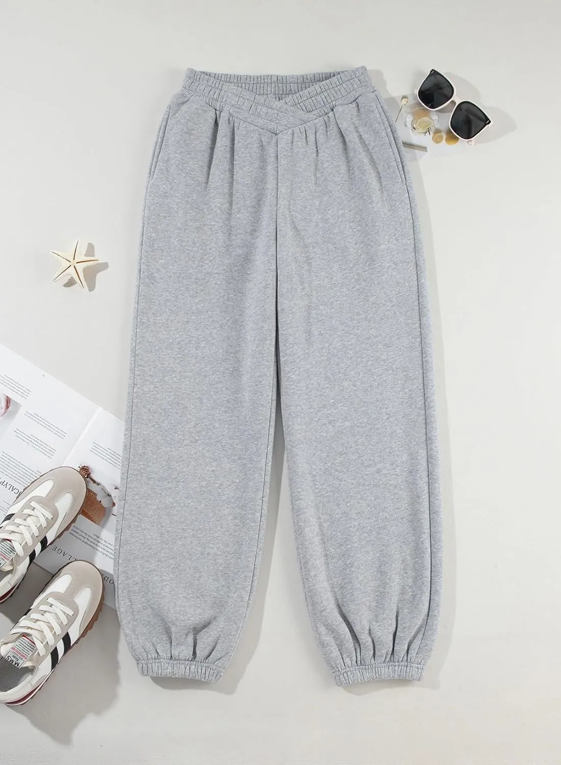 Herseas Women's V Crossover Waist Sweatpants Baggy Y2K Jogger Pants Wide Leg Fleeced Lounge Pants