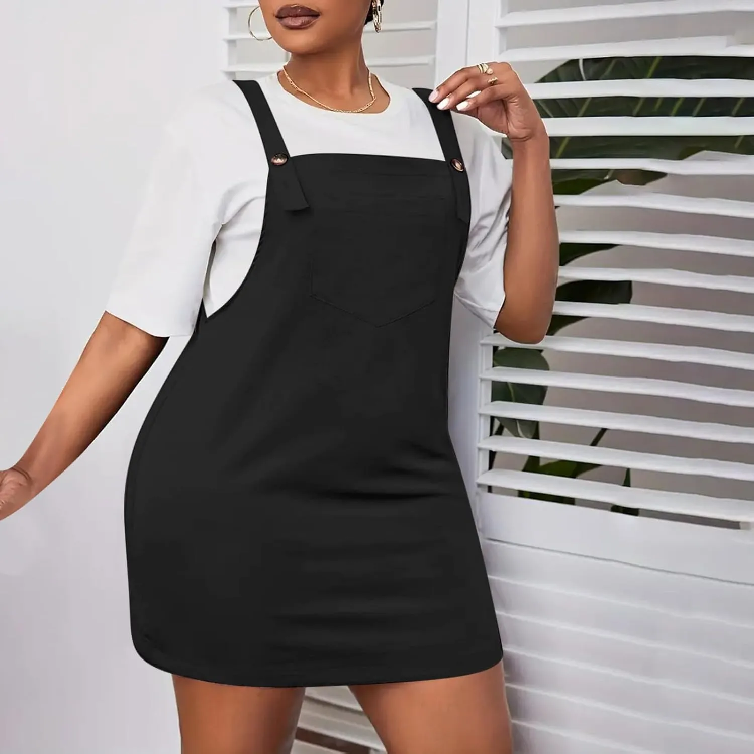 HGps8w Plus Size Womens Bib Overall Short Jumper Dress Adjustable Straps Suspender Pinafore Dresses with Pockets