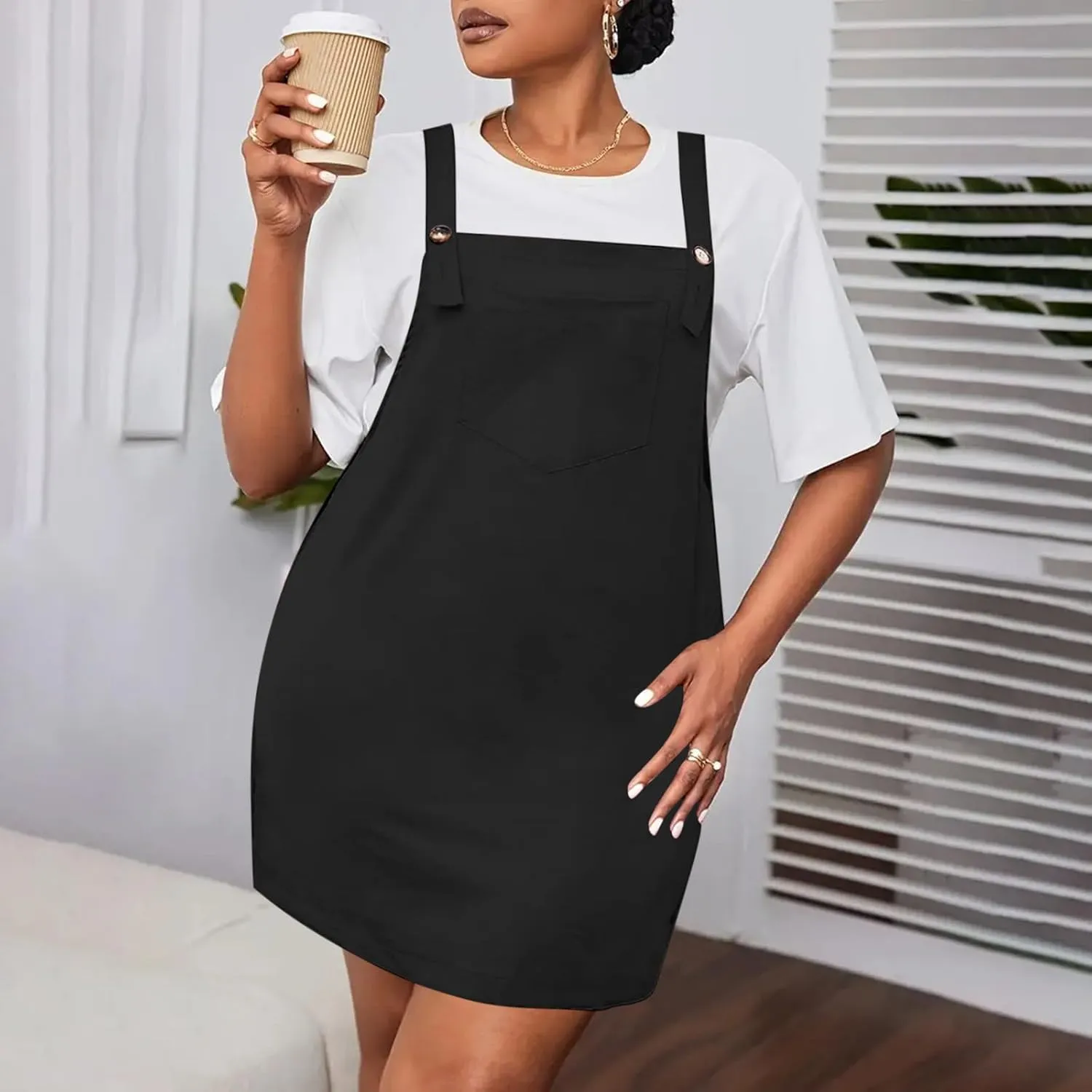 HGps8w Plus Size Womens Bib Overall Short Jumper Dress Adjustable Straps Suspender Pinafore Dresses with Pockets