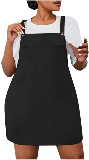 HGps8w Plus Size Womens Bib Overall Short Jumper Dress Adjustable Straps Suspender Pinafore Dresses with Pockets