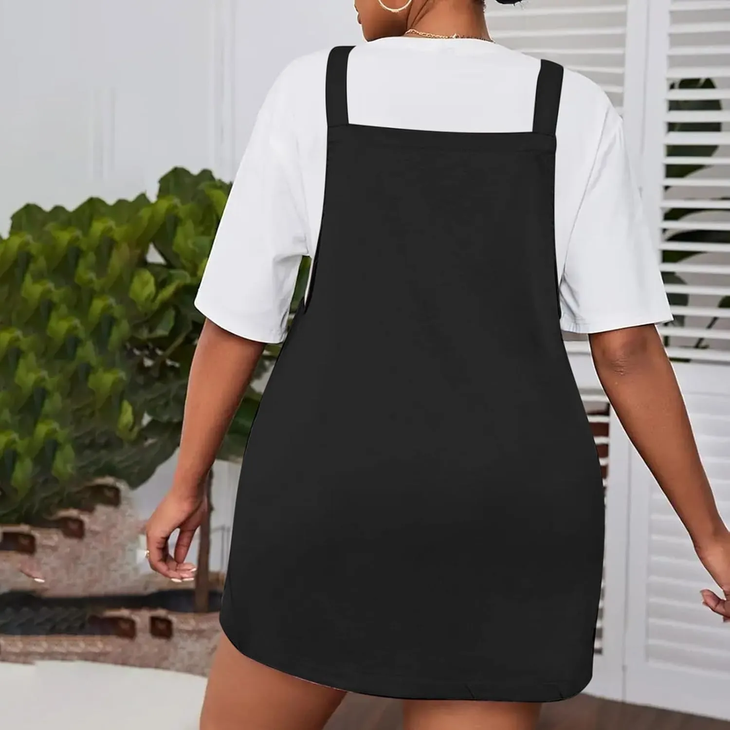 HGps8w Plus Size Womens Bib Overall Short Jumper Dress Adjustable Straps Suspender Pinafore Dresses with Pockets