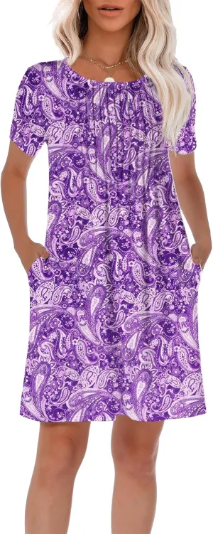 HiMONE Womens Summer Dresses T-Shirt Pleated Dressy Casual Scooped Neck Beach Vacation Dresses XS-2XL
