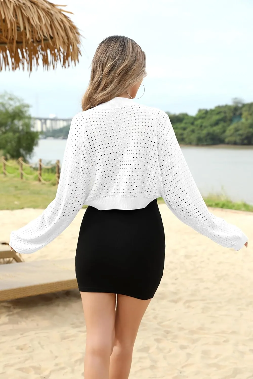 HIYIYEZI Women's Cardigan Shrugs Balloon Sleeve Bolero Lightweight Summer Cover Up Hollow Out Sweater Shrug for Dresses