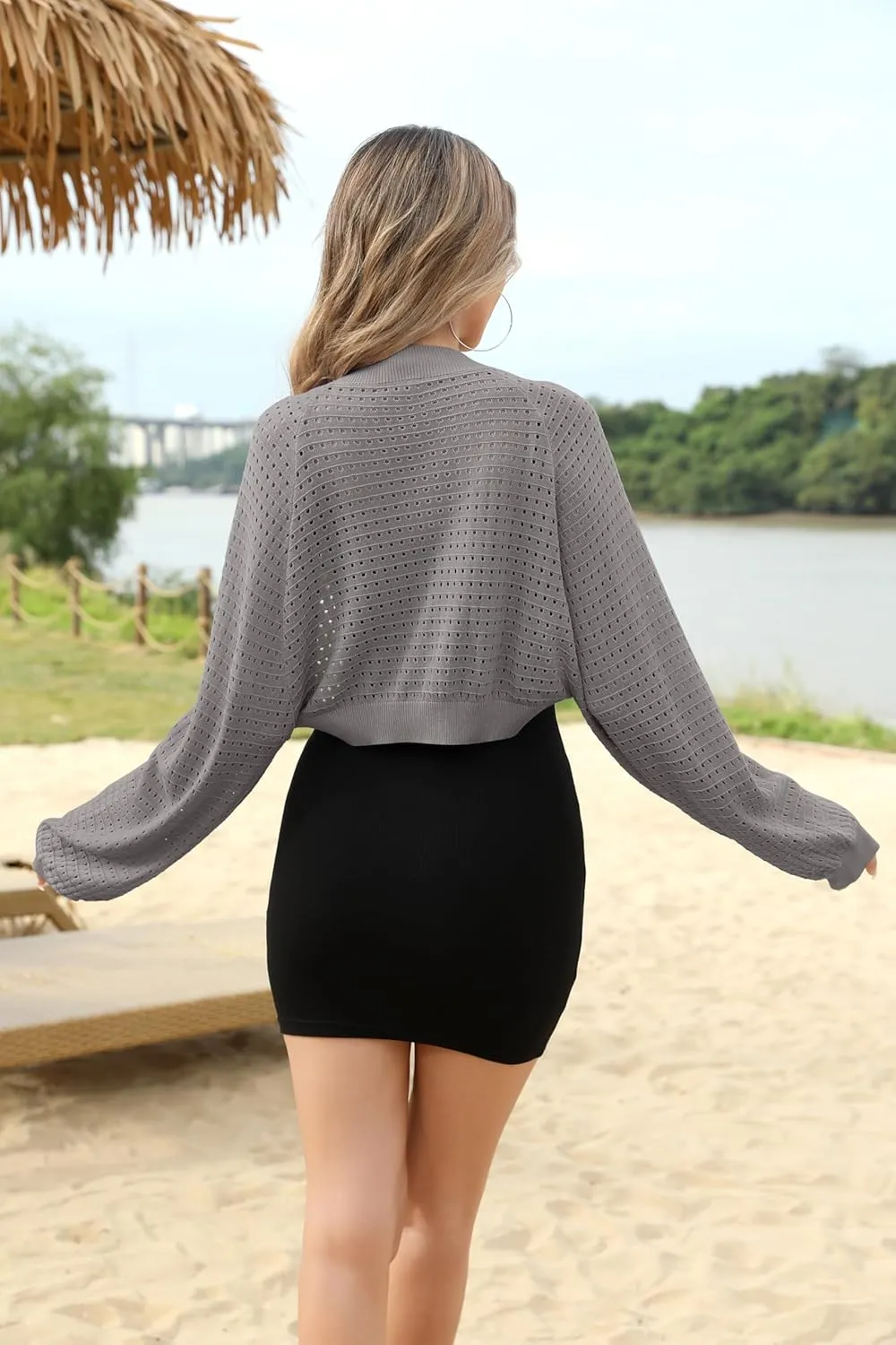HIYIYEZI Women's Cardigan Shrugs Balloon Sleeve Bolero Lightweight Summer Cover Up Hollow Out Sweater Shrug for Dresses