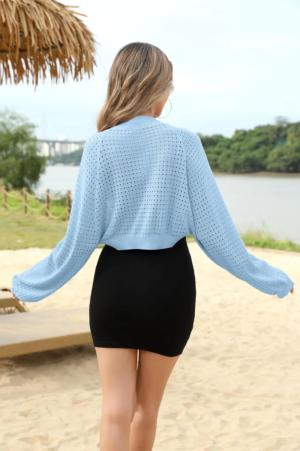 HIYIYEZI Women's Cardigan Shrugs Balloon Sleeve Bolero Lightweight Summer Cover Up Hollow Out Sweater Shrug for Dresses
