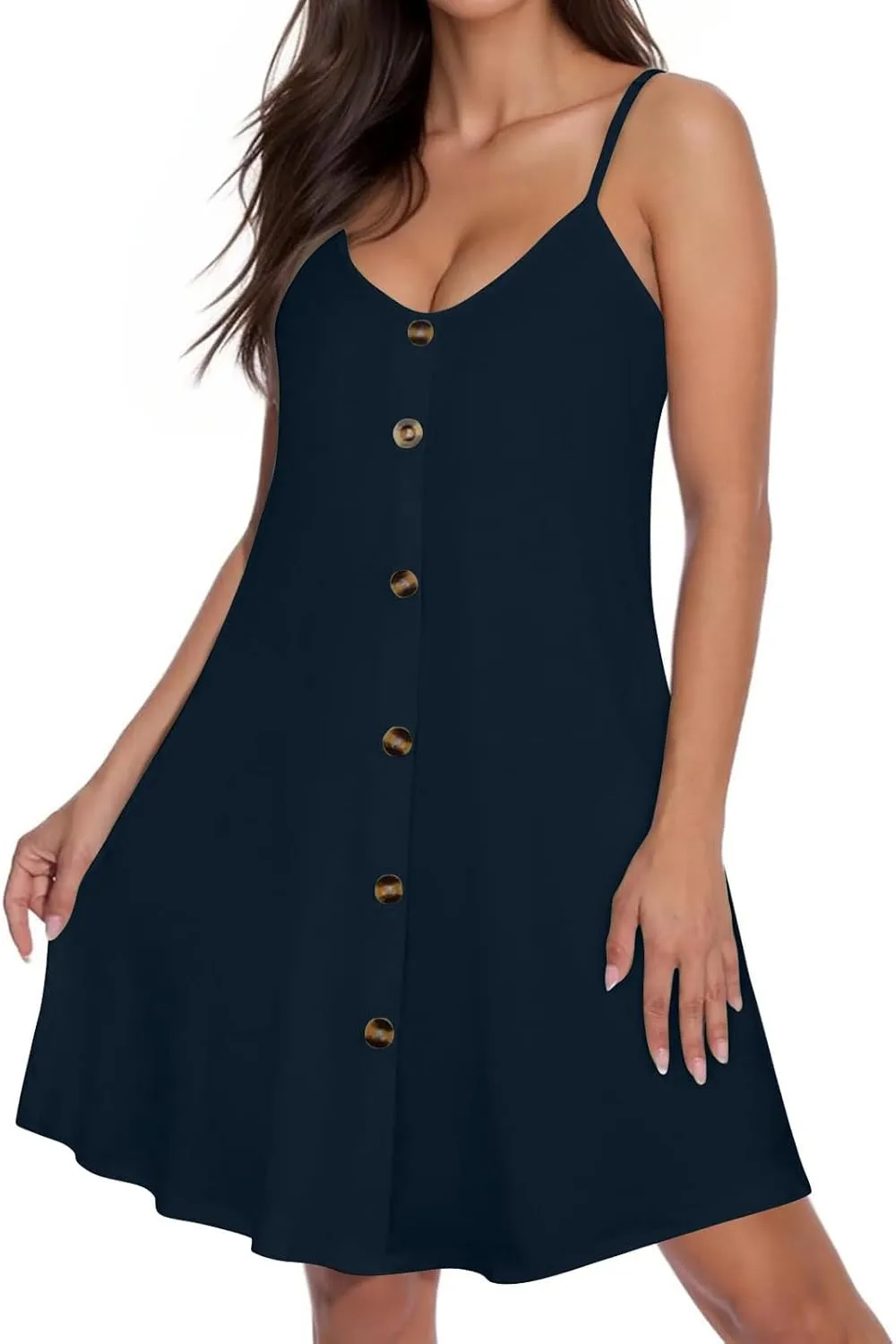 hlysgo Button Down Dresses for Women Casual Loose Fit Sleeveless V Neck Mini Sundress Summer Spaghetti Straps Beach Dress