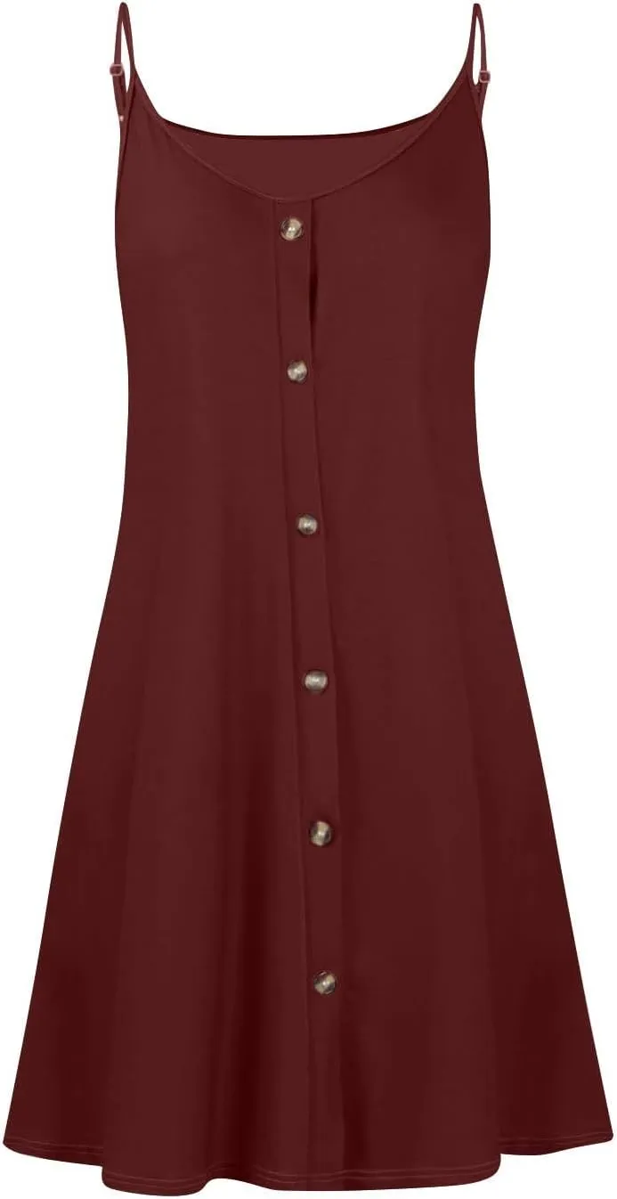 hlysgo Button Down Dresses for Women Casual Loose Fit Sleeveless V Neck Mini Sundress Summer Spaghetti Straps Beach Dress