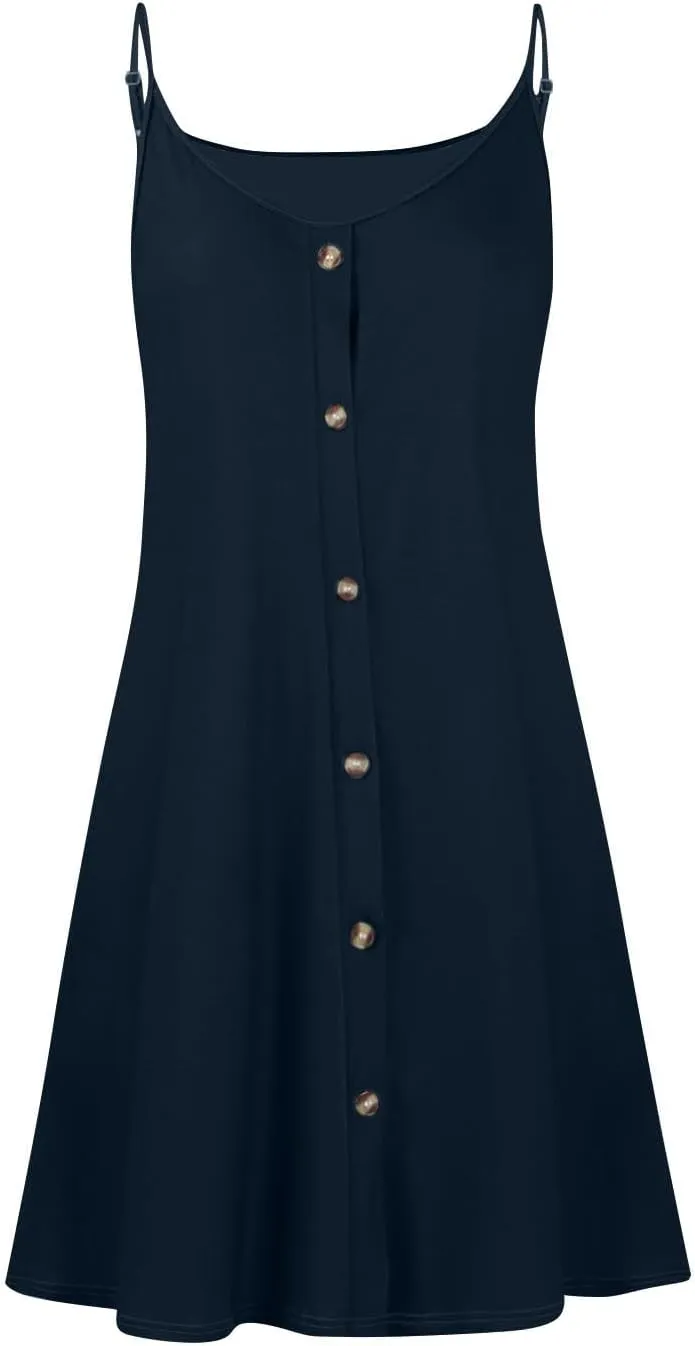 hlysgo Button Down Dresses for Women Casual Loose Fit Sleeveless V Neck Mini Sundress Summer Spaghetti Straps Beach Dress