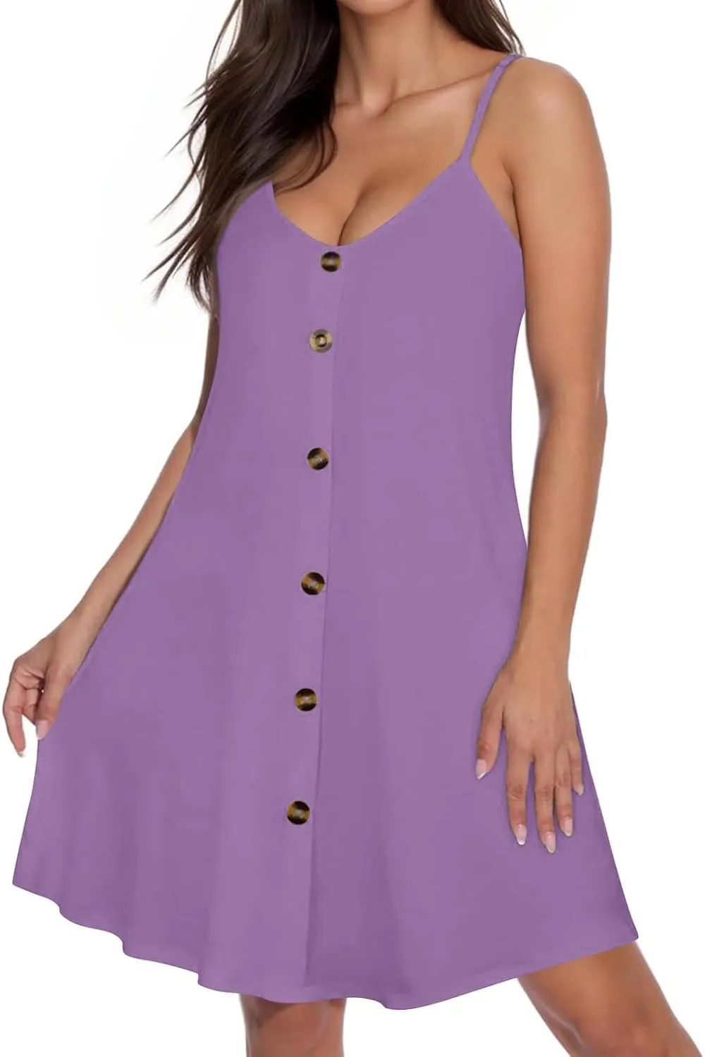 hlysgo Button Down Dresses for Women Casual Loose Fit Sleeveless V Neck Mini Sundress Summer Spaghetti Straps Beach Dress