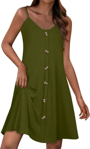 hlysgo Button Down Dresses for Women Casual Loose Fit Sleeveless V Neck Mini Sundress Summer Spaghetti Straps Beach Dress