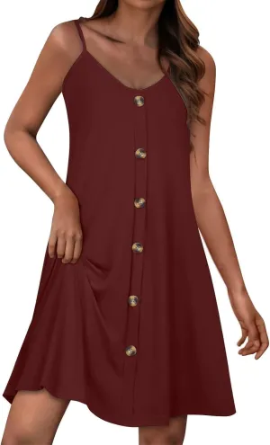 hlysgo Button Down Dresses for Women Casual Loose Fit Sleeveless V Neck Mini Sundress Summer Spaghetti Straps Beach Dress