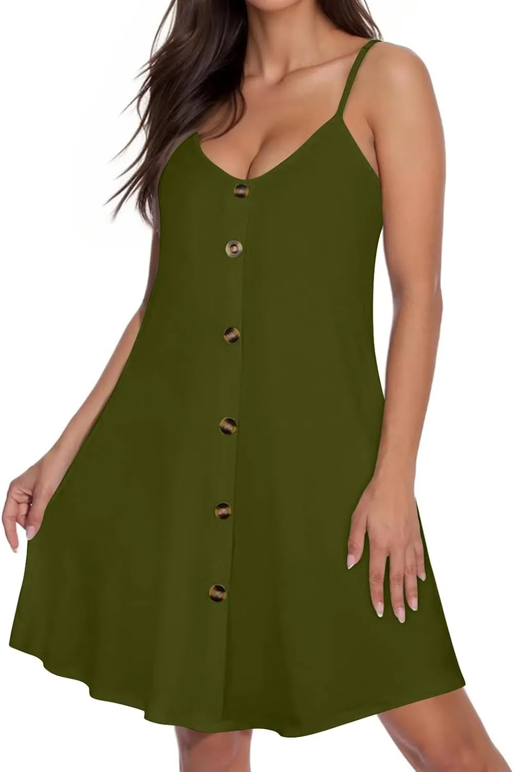 hlysgo Button Down Dresses for Women Casual Loose Fit Sleeveless V Neck Mini Sundress Summer Spaghetti Straps Beach Dress