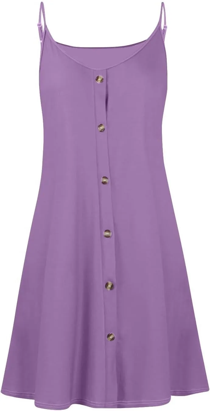 hlysgo Button Down Dresses for Women Casual Loose Fit Sleeveless V Neck Mini Sundress Summer Spaghetti Straps Beach Dress