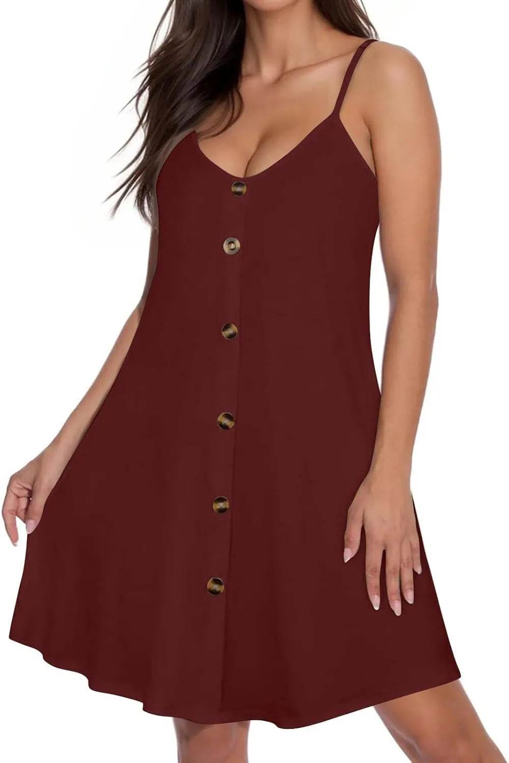 hlysgo Button Down Dresses for Women Casual Loose Fit Sleeveless V Neck Mini Sundress Summer Spaghetti Straps Beach Dress