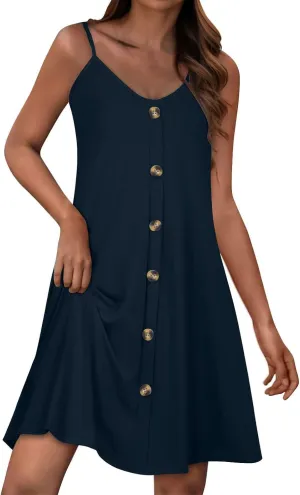 hlysgo Button Down Dresses for Women Casual Loose Fit Sleeveless V Neck Mini Sundress Summer Spaghetti Straps Beach Dress