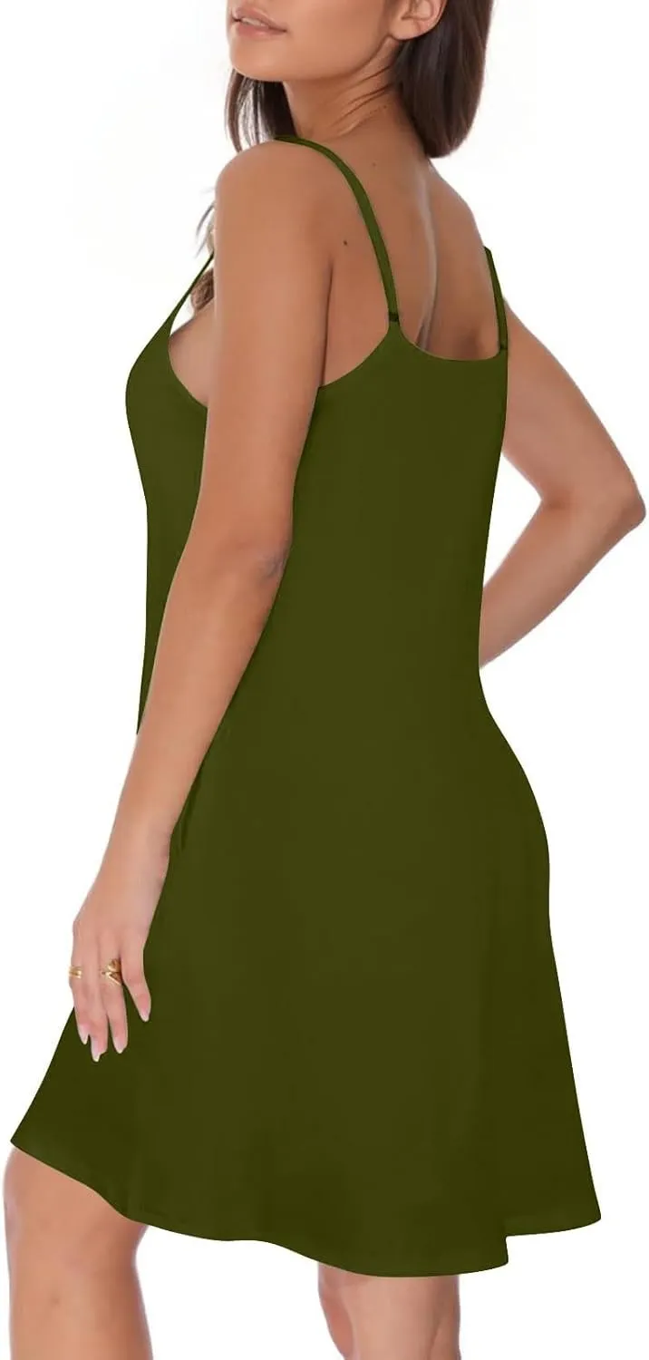 hlysgo Button Down Dresses for Women Casual Loose Fit Sleeveless V Neck Mini Sundress Summer Spaghetti Straps Beach Dress