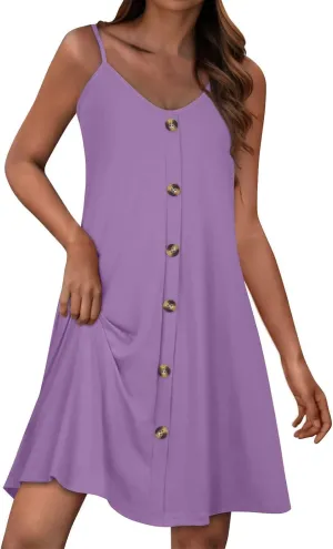 hlysgo Button Down Dresses for Women Casual Loose Fit Sleeveless V Neck Mini Sundress Summer Spaghetti Straps Beach Dress